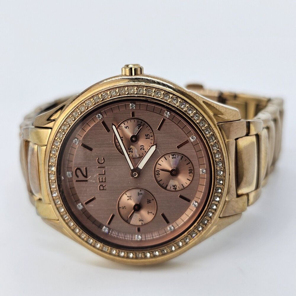 Relic Women's‎ Watch 38MM Gold Tone Dial Bracelet Crystal Bezel 6.5" New Battery